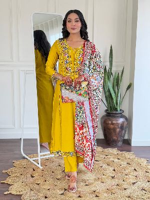 Ladies Mustard Bsy Viscose Embroidered Kurta, Pant  And  Dupatta Set