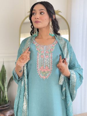Ladies Sky Blue Chanderi Embroidered Kurta, Pant And  Dupatta Set
