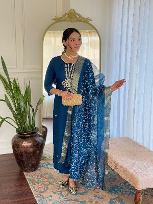 Ladies Royal Blue Rayon Embroidered Kurta, Pant And Dupatta Set