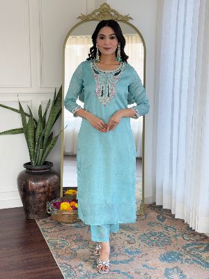 Ladies Sky Blue Viscose Embroidered Kurta, Pant Anddupatta Set