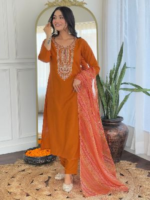 Ladies Rust Rayon Embroidered Kurta, Pant And Dupatta Set