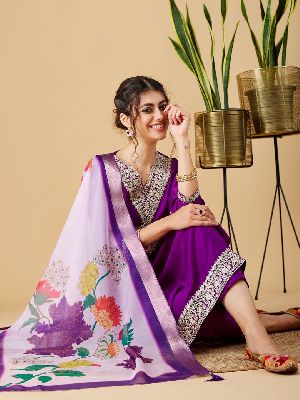 Ladies Chinon Viscose Embroidered Kurta, Pant and Dupatta Set