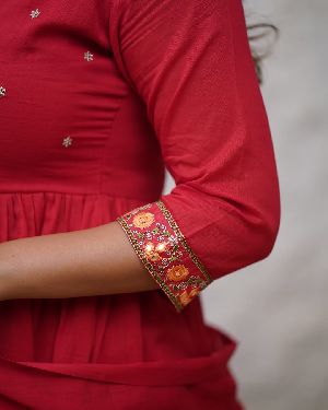 Ladies Red Viscose Chanderi Kurta, Pant and Dupatta Set