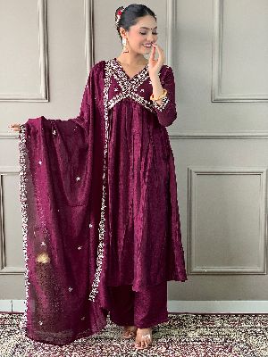 Ladies Wine Vichitra Silk Embroidered Kurta, Pant  And Dupatta Set