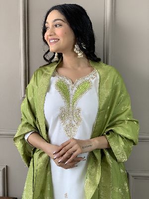 Ladies White Viscose Blend Embroidered Kurta, Pant And Dupatta Set