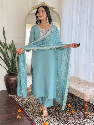 Ladies Sky Blue Chanderi Embroidered Kurta, Pant And  Dupatta Set