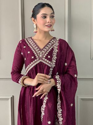 Ladies Wine Vichitra Silk Embroidered Kurta, Pant  And Dupatta Set