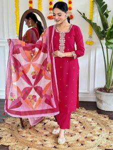 Ladies Dark Pink Viscose Chanderi Kurta, Pant and Dupatta Set