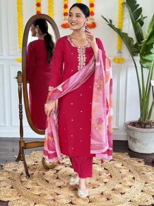 Ladies Dark Pink Viscose Chanderi Kurta, Pant and Dupatta Set