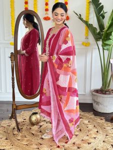 Ladies Dark Pink Viscose Chanderi Kurta, Pant and Dupatta Set