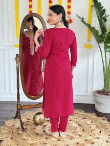 Ladies Dark Pink Viscose Chanderi Kurta, Pant and Dupatta Set