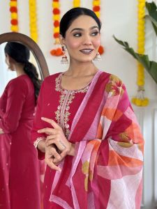 Ladies Dark Pink Viscose Chanderi Kurta, Pant and Dupatta Set