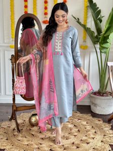 Ladies Viscose Chanderi Kurta , Pant And Printed Dupatta Set
