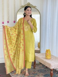Ladies Mustard Viscose Chanderi Embroidery Kurta, Pant and Dupatta Set