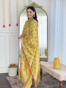 Ladies Mustard Viscose Chanderi Embroidery Kurta, Pant and Dupatta Set