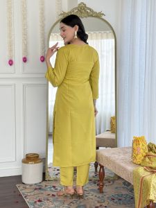 Ladies Mustard Viscose Chanderi Embroidery Kurta, Pant and Dupatta Set