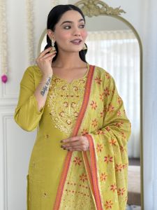 Ladies Mustard Viscose Chanderi Embroidery Kurta, Pant and Dupatta Set