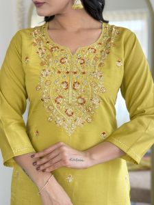 Ladies Mustard Viscose Chanderi Embroidery Kurta, Pant and Dupatta Set
