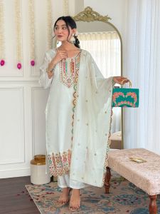 Ladies White Viscose Chanderi Straight Kurta, Pant and Dupatta Set