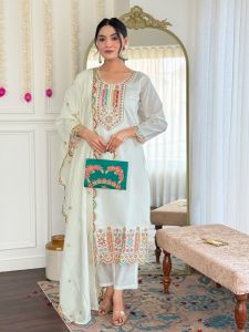 Ladies White Viscose Chanderi Straight Kurta, Pant and Dupatta Set