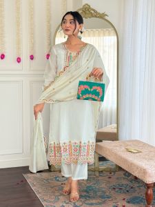Ladies White Viscose Chanderi Straight Kurta, Pant and Dupatta Set