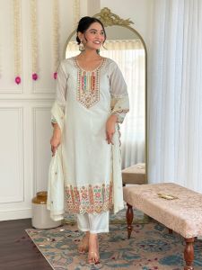 Ladies White Viscose Chanderi Straight Kurta, Pant and Dupatta Set