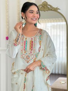 Ladies White Viscose Chanderi Straight Kurta, Pant and Dupatta Set