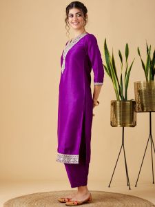 Ladies Chinon Viscose Embroidered Kurta, Pant and Dupatta Set