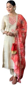 Ladies Embroidered Chanderi Silk Kurta Pant Dupatta Set