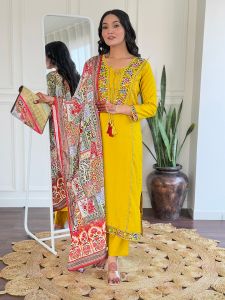 Ladies Mustard Bsy Viscose Embroidered Kurta, Pant  And  Dupatta Set