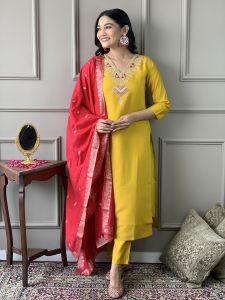 Ladies Mustard Chanderi Embroidered Kurta, Pant And Viscose Dupatta