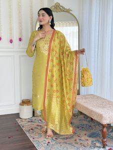 Ladies Mustard Viscose Chanderi Embroidery Kurta, Pant and Dupatta Set