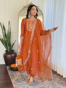 Ladies Orange Vichitra Silk Embroidered Kurta, Pant And Dupatta Set