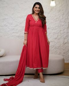 Ladies Red Viscose Chanderi Kurta, Pant and Dupatta Set