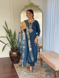 Ladies Royal Blue Rayon Embroidered Kurta, Pant And Dupatta Set