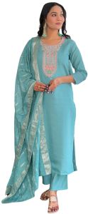 Ladies Sky Blue Chanderi Embroidered Kurta, Pant And  Dupatta Set