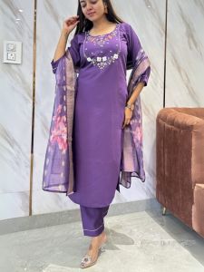Ladies Viscose Embroidered Kurta, Pant And Jacquard Dupatta Set