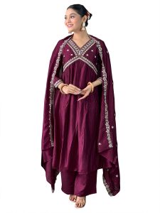 Ladies Wine Vichitra Silk Embroidered Kurta, Pant And Dupatta Set