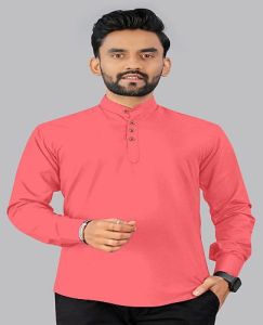 Mens Light Red Cotton Short Kurta