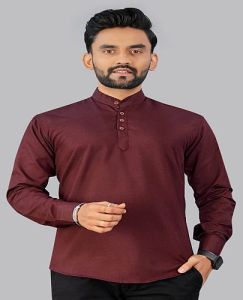 Mens Maroon Plain Cotton Short Kurta