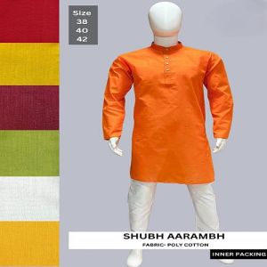 Mens Orange Poly Cotton Kurta Pajama Set