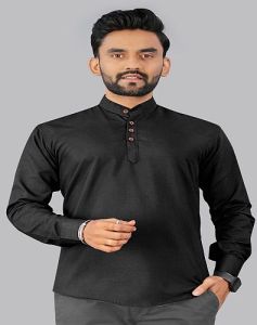 Mens Plain Black Cotton Short Kurta