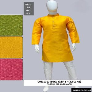 Mens Plain Jacquard Yellow Kurta Pajama Set