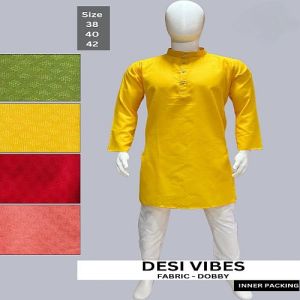 Mens Yellow Cotton Dobby Kurta Pajama Set