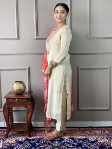 Ladies Embroidered Chanderi Silk Kurta Pant Dupatta Set