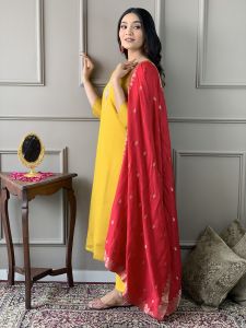 Ladies Mustard Chanderi Embroidered Kurta, Pant And Viscose Dupatta