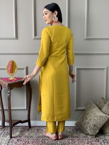 Ladies Mustard Chanderi Embroidered Kurta, Pant And Viscose Dupatta