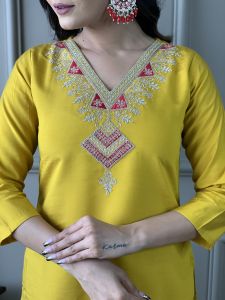 Ladies Mustard Chanderi Embroidered Kurta, Pant And Viscose Dupatta