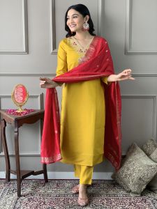 Ladies Mustard Chanderi Embroidered Kurta, Pant And Viscose Dupatta