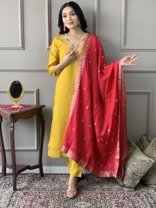 Ladies Mustard Chanderi Embroidered Kurta, Pant And Viscose Dupatta